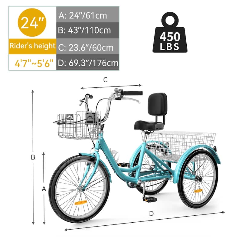 Adult Tricycle Adult Trike 24"/26"1 Speed 3 Wheel Bike w/Removable Basket