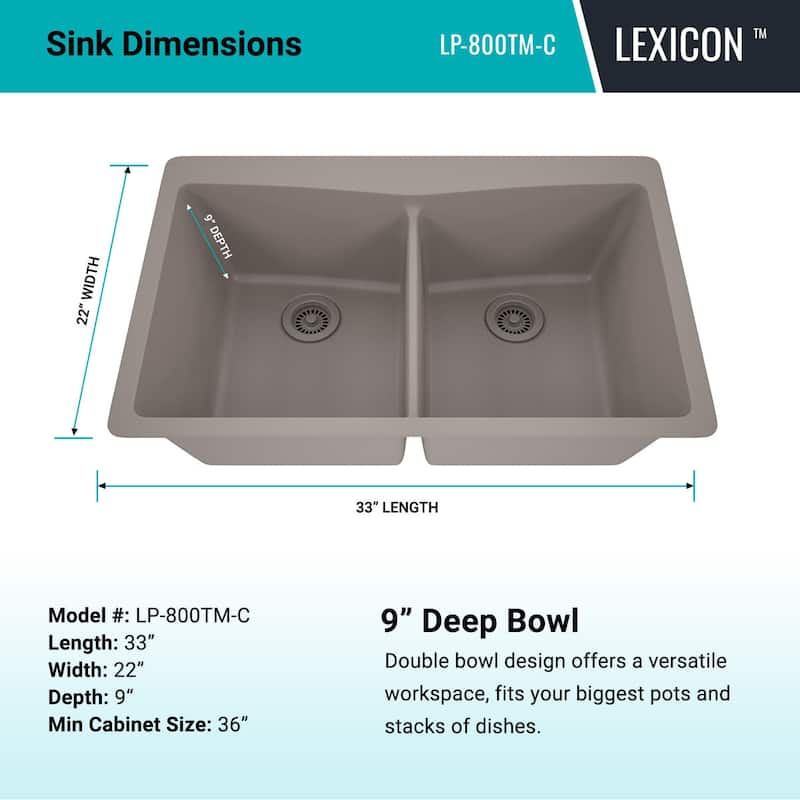 Lexicon Platinum Quartz 33 Inch Double Equal Bowl Undermount Kitchen Sink with Bottom Grids and Strainers , Disposal Flange