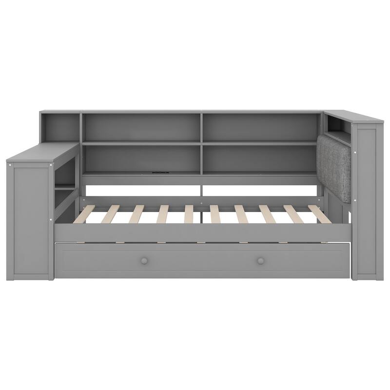 Wood Daybed with Desk, LED Upholstered Headboard, Storage Shelves Built-in Charging Station, Optional Drawers or Trundle