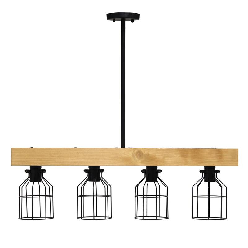 Pendant Light - 4 Light Cage Shade with Wood & Matte Black - Farmhouse Lighting - 47