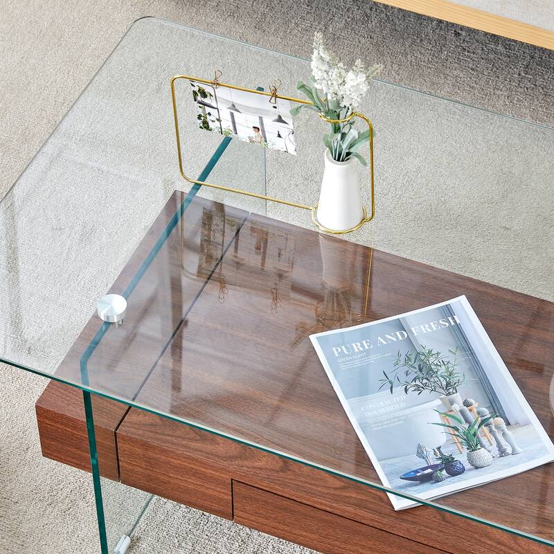 43.3 Inch Double Layer Coffee Table Storage Side Table with Open Storage Shelves, Drawers Glass Center Table End Table