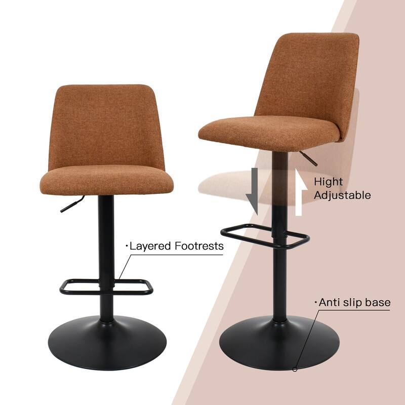 Upholstered Adjustable Height Swivel Bar Stool with Back Set of 2