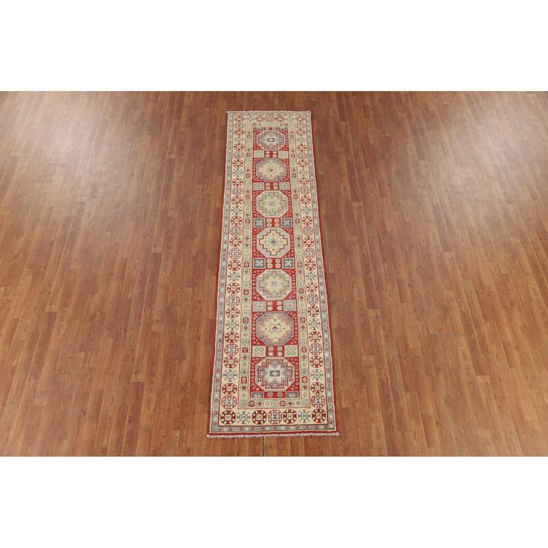 Red Kazak Runner Rug Hand-Knotted Oriental Wool Carpet - 2'7" x 9'8"