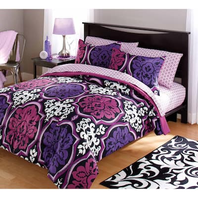 dotted damask bedding comforter set, purple