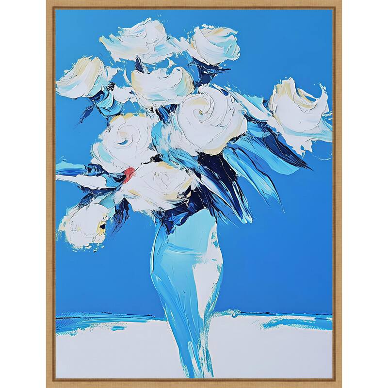 White Roses In a Blue Vase by Elena Avanesova Framed Canvas Wall Art Print