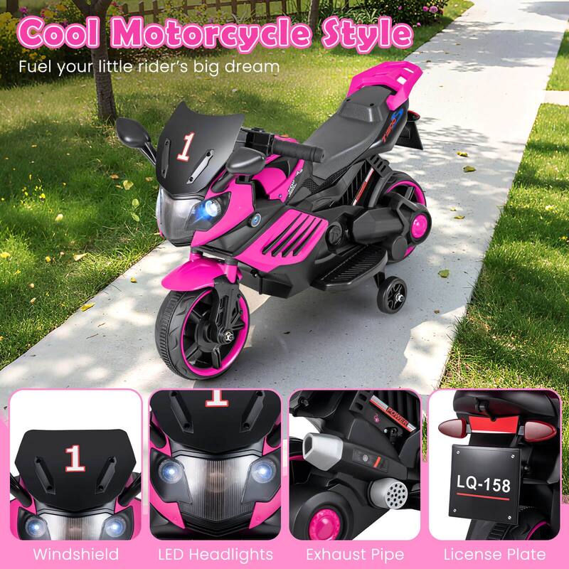 Costway 6V Kids Motorcycle with Music, Horn, Detachable Training