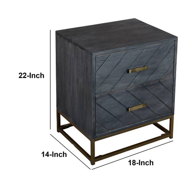 Roy 22 Inch 2 Drawer Mango Wood Nightstand Table, Rustic Bronze Metal Frame Base, Gray