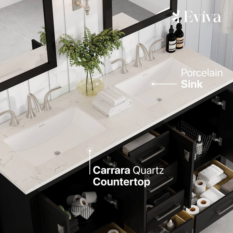 Eviva Aberdeen 60"W x 22"D Espresso Double Sink Bathroom Vanity with White Carrara Quartz Countertop