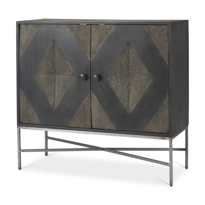 HomeRoots 36" Dark Brown and Silver Solid Wood and Iron Carved Geometric Accent Cabinet With Two Doors