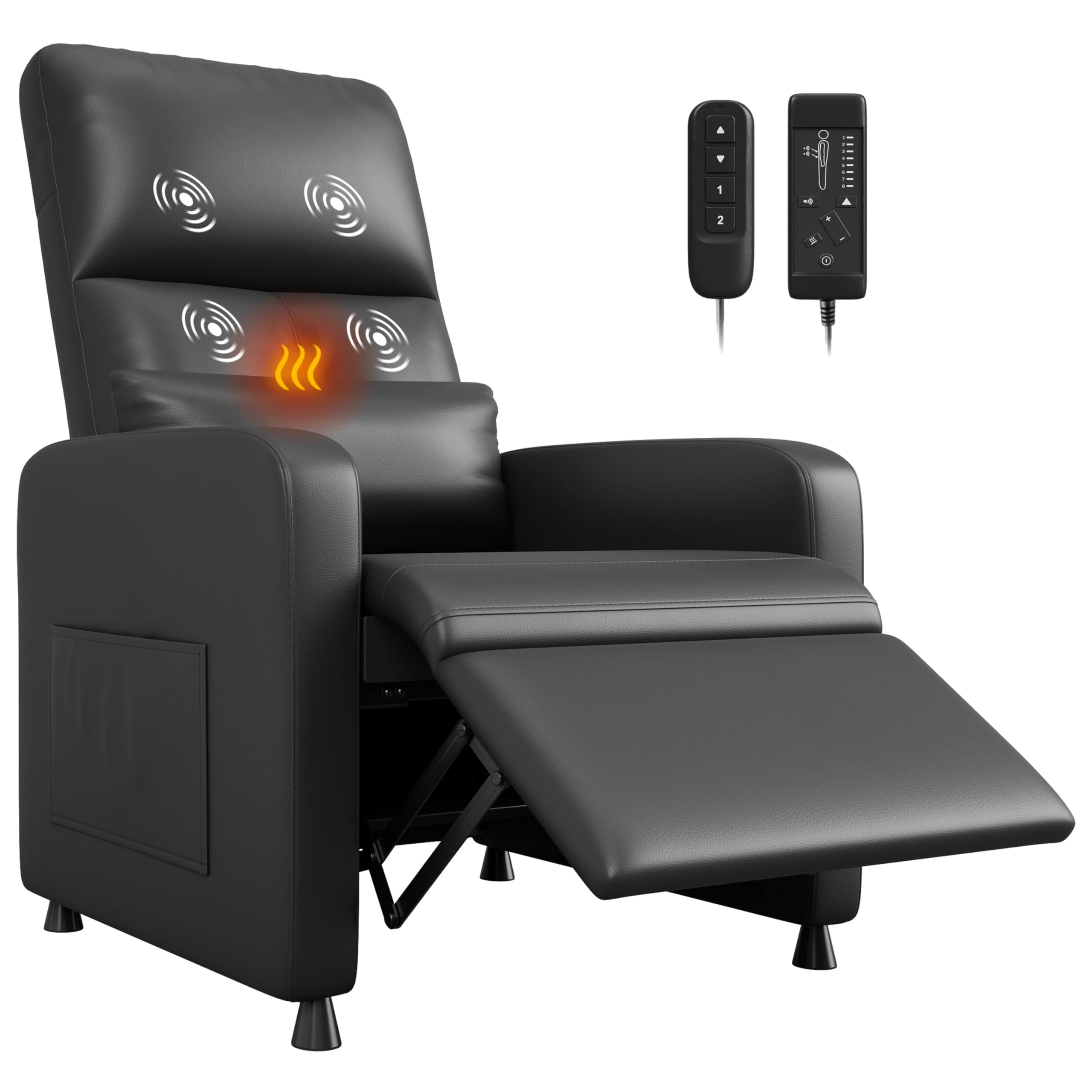 Power Recliner Chair with Massage & Heat, Adjustable PU Leather Sofa with Memory Remote, USB Port & Side Pockets
