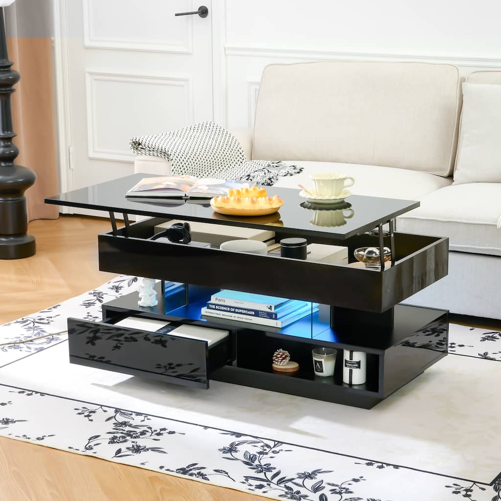 Lift Top Coffee Table with LED Lights, Drawers and Hidden Compartment