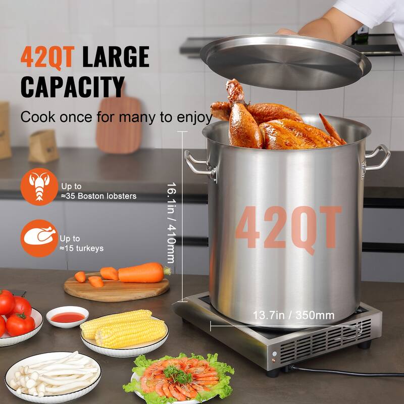 Stainless Steel Stockpot, 42 Quart Large Cooking Pots, Multipurpose Cookware Sauce Pot with Lid & Handle