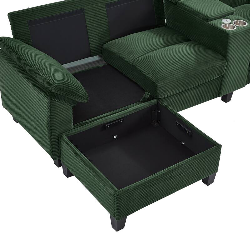 Roomfitters U-Shaped Sectional Sofa 116.9" Corduroy Upholstered Couch with Storage Ottomans, Cup Holders and USB Ports
