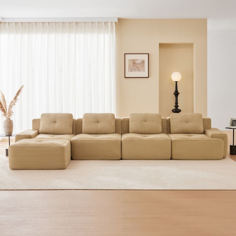L-Shaped Premium Modular Corduroy Sectional Sofa with Movable Ottoman - Camel