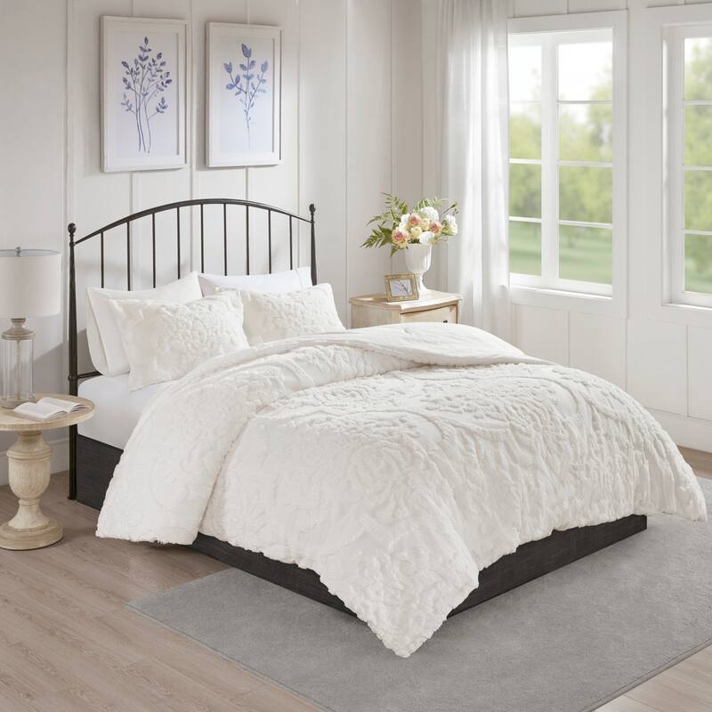 GDF Studio - Tufted Cotton Chenille Damask 3-Piece Comforter Set - Off White