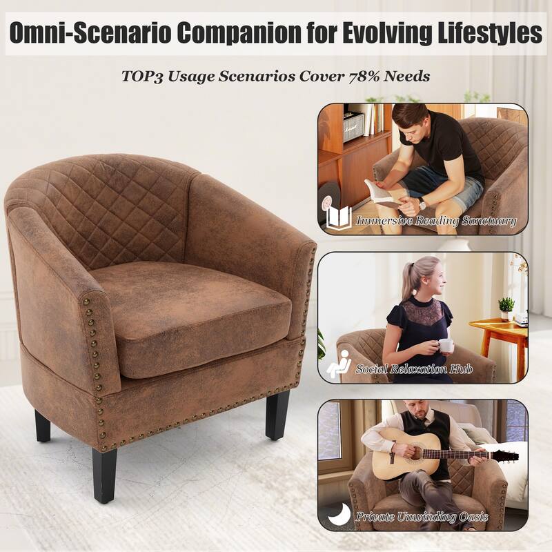 HOMEFUN Leather Upholstered Nailhead Wooden Frame Barrel Club Chair with Solid Woood Legs