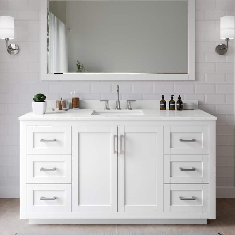 Wyndham Collection WCF292960S-QTZ-US3MXX Miranda 60" Free Standing - White / White Quartz Top / Brushed Nickel Hardware