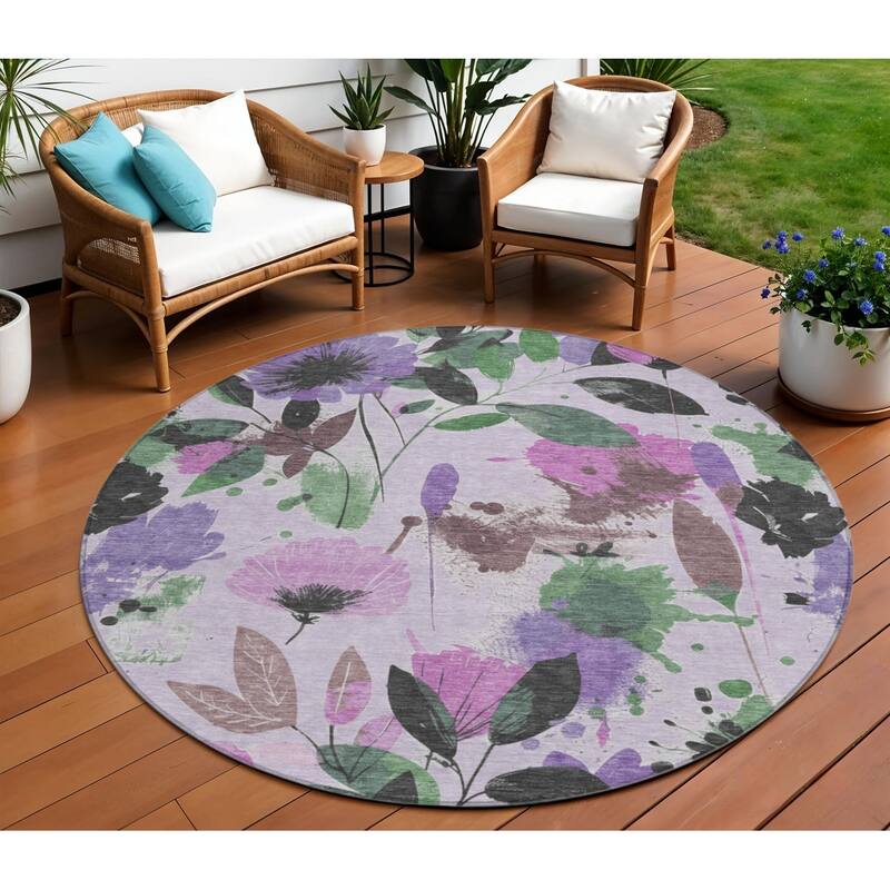HomeRoots Floral Transitional Rectangle Outdoor Rug - Green/Purple - 8' Round