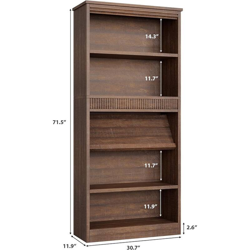71 Inch Fluted Design Farmhouse Bookcase with Display Rack - N/A