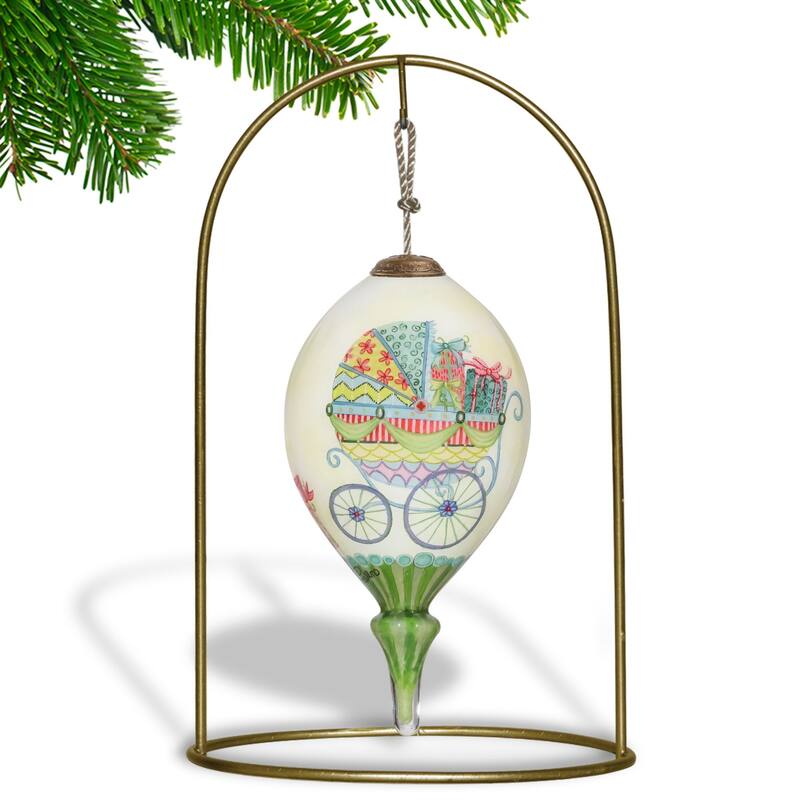 4.75" Ivory Green Baby Carriage Mouth Blown Glass Christmas Ornament