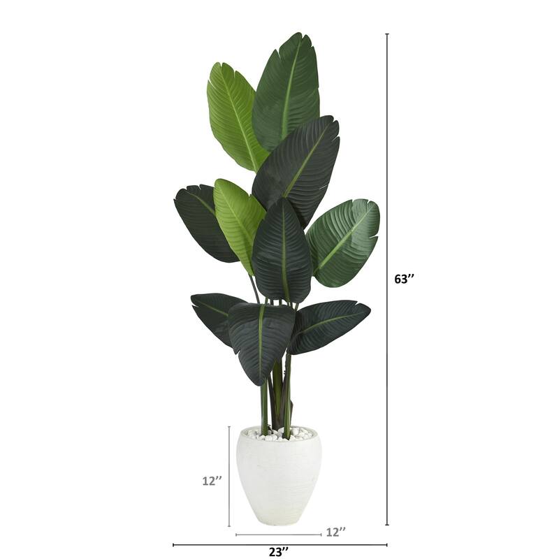 Tropical Artificial Tree 63" Travelers Palm Indoor Decor White Planter - Lush Home Office Accent - Green - 61 Inches and Over
