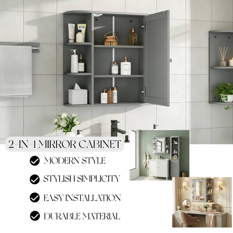 Bathroom Wall Storage Cabinet with Mirror, with Adjustable Wood Shelf & Doors, Mounted Storage Cabinets with 6 Open Shelves