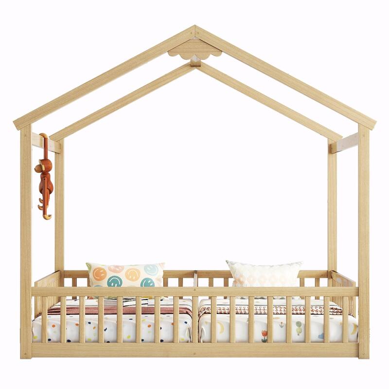 Double Twin House-Style Floor Bed with Fence and Guardrails, No Door