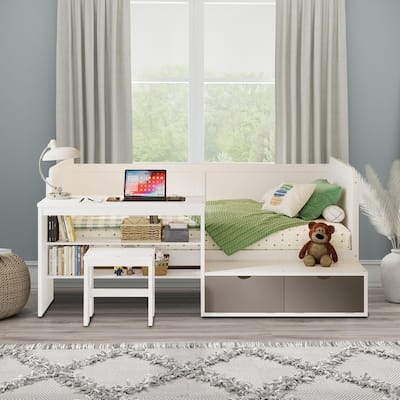 Versatile daybed frame with open storage and drop-down cabinets, a stool for bedrooms and guest rooms, Twin Size