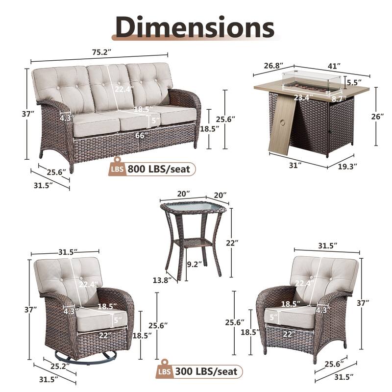 TWrap Wicker Patio Fire Pit Conversation Set with 3-Seat Sofa & Swivel Gliders & Armchairs