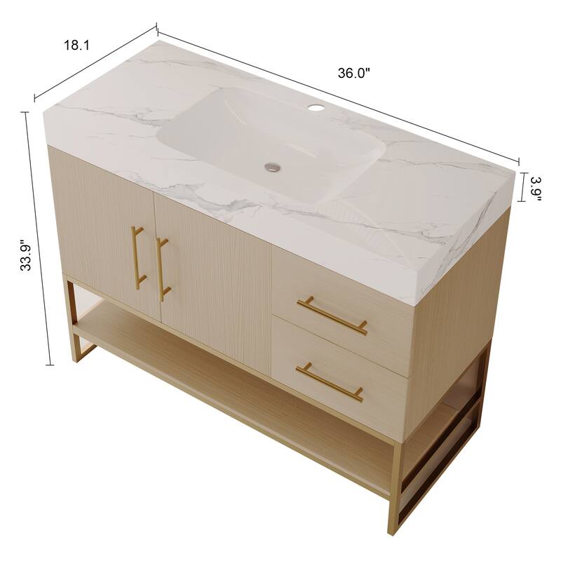 36" Modern Bathroom Vanity - Free Standing with Seamless Ceramic Sink & Gold Accent