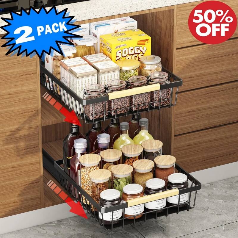 Metal Pull-Out Cabinet Organizer, No-Tool Sliding Shelves for Kitchen - Black-2PCS