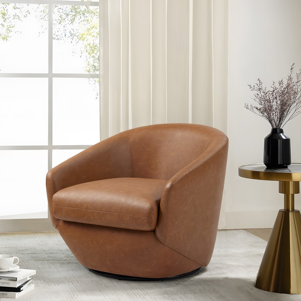 Vegan Leather Upholstered Swivel Barrel Accent Chair