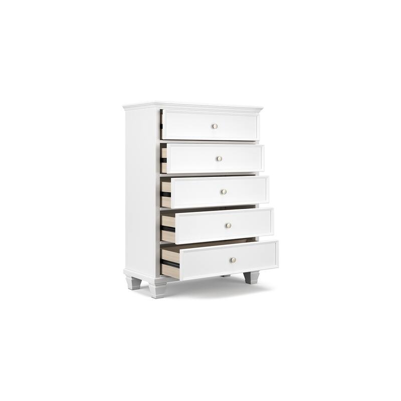 Heno Tall Dresser Chest, 5 Storage Drawers w Nickel Round Knobs, White