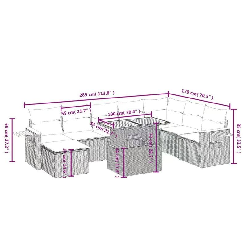 vidaXL Patio Sofa Set with Cushions Table and Stool Outdoor 9 Piece Poly Rattan - 21.7 x 39.4 x 28.7 in