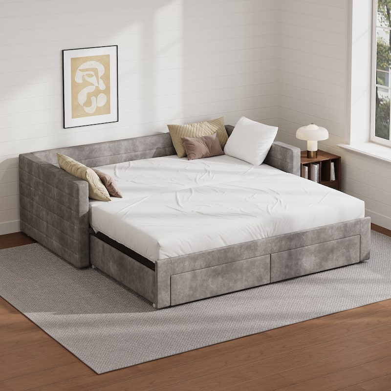 Tufted Upholstered Daybed with Pull-Out Expansion & 2 Hidden Drawers by Harper&Bright Designs