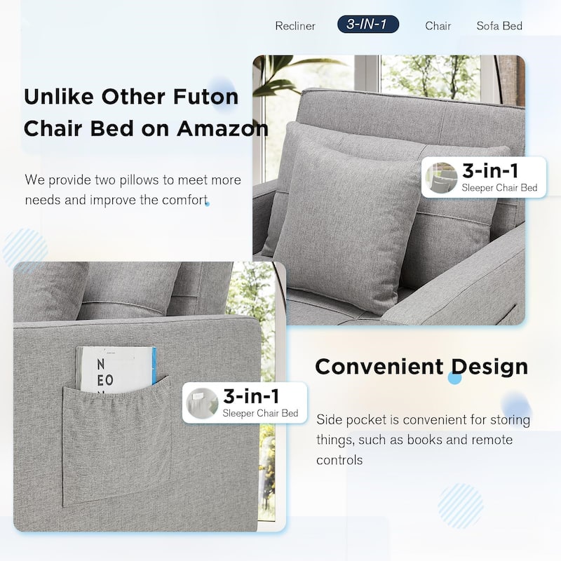 AECOJOY Adjustable Sleeper Chair Bed 3-in-1 Convertible Futon Sofa