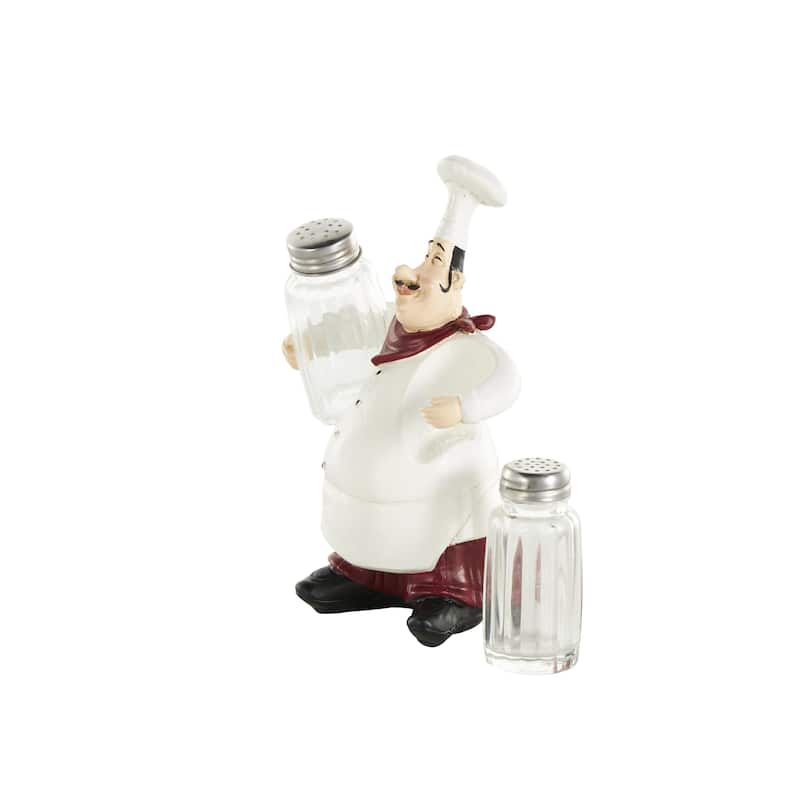 Polystone Chef Figurine Salt and Pepper Shaker Holder with Red Accents - White - Roche River Decor
