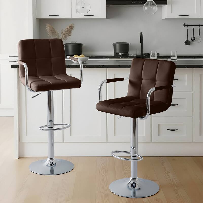 Adjustable Height Bar Stools Set of 2, Modern Square Tufted Upholstered Bar Chairs with Footrest. - Brown