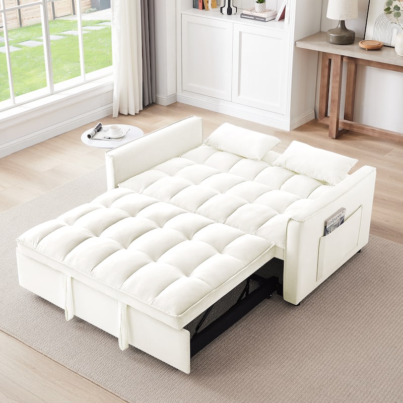 Beige+White Modern 55.1" 3 in 1 Convertible Loveseat Sofa Bed with Adjustable Back and Storage Bag for Living Room