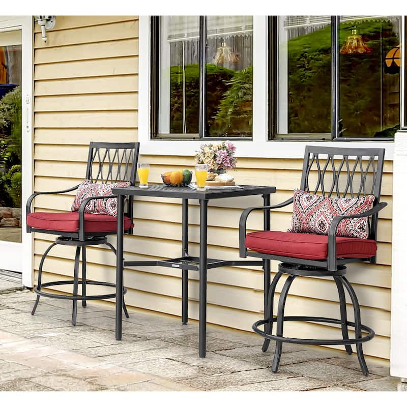 Outdoor 3-Piece Metal Bar Set, Swivel Bar Stools with Cushions and Pillows