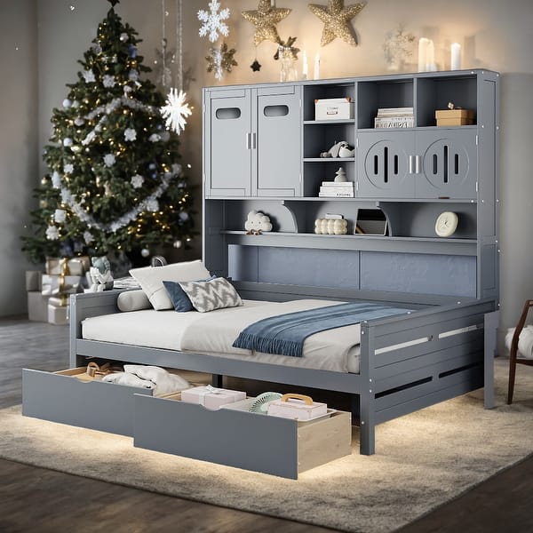 slide 2 of 37, 2 Color Modern Full Size Wooden Daybed with 2 Drawers, All-in-One Cabinet and Shelf Grey