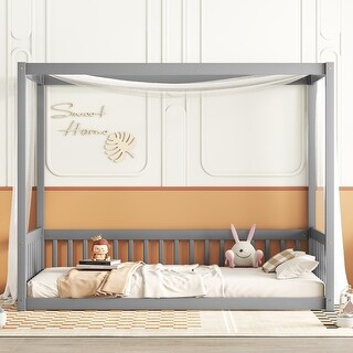 Twin Size Mattresses Canopy Bed Frame with Fence, Guardrails, Playroom Floor Bed Kids Four Corner Beds for Children's Room
