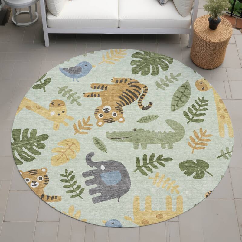 Machine Washable Indoor/ Outdoor Whimsy Safari Animals Chantille Rug - Mint - 8' x 8'