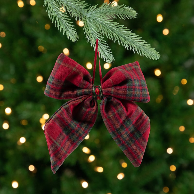 Plush Plaid Bow Christmas Ornaments - 7.5" - Set of 4