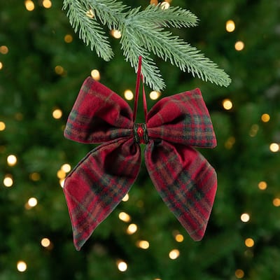Plush Plaid Bow Christmas Ornaments - 7.5" - Set of 4