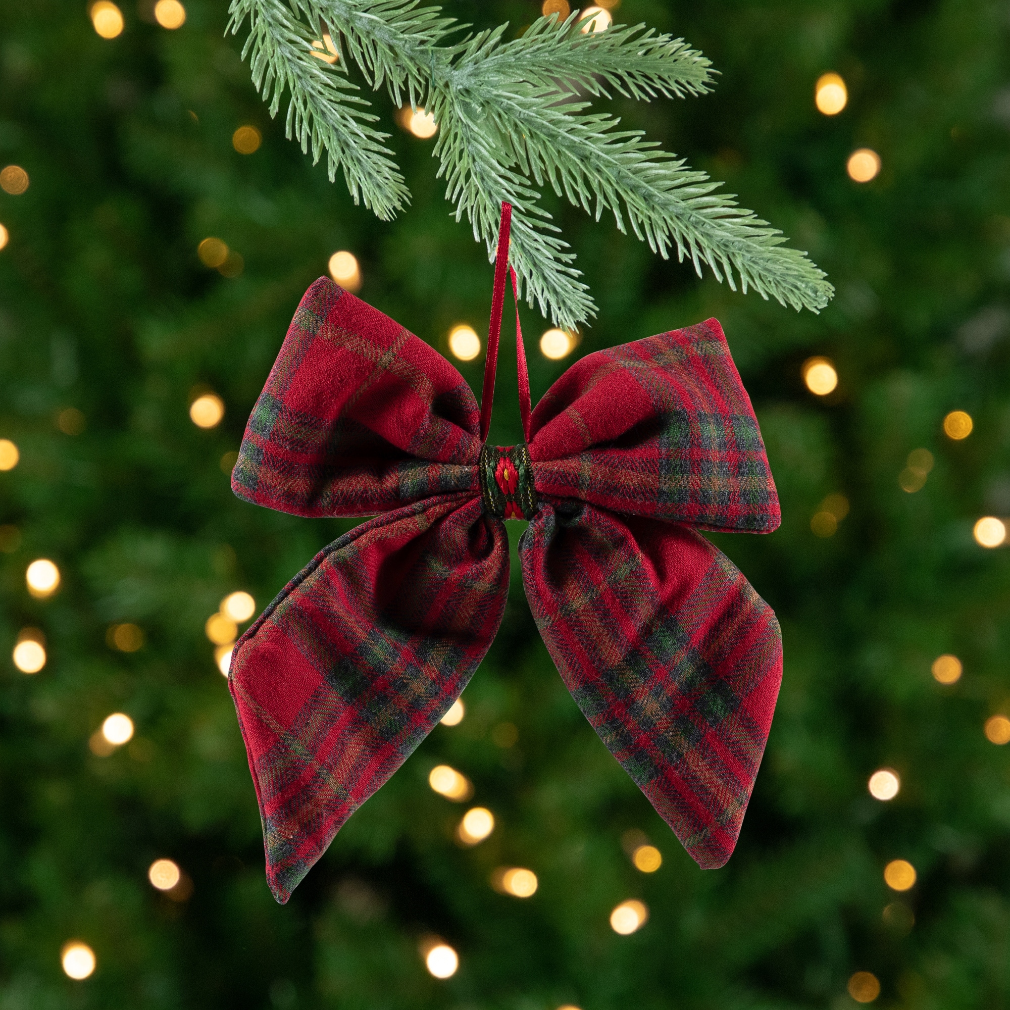Plush Plaid Bow Christmas Ornaments - 7.5" - Set of 4