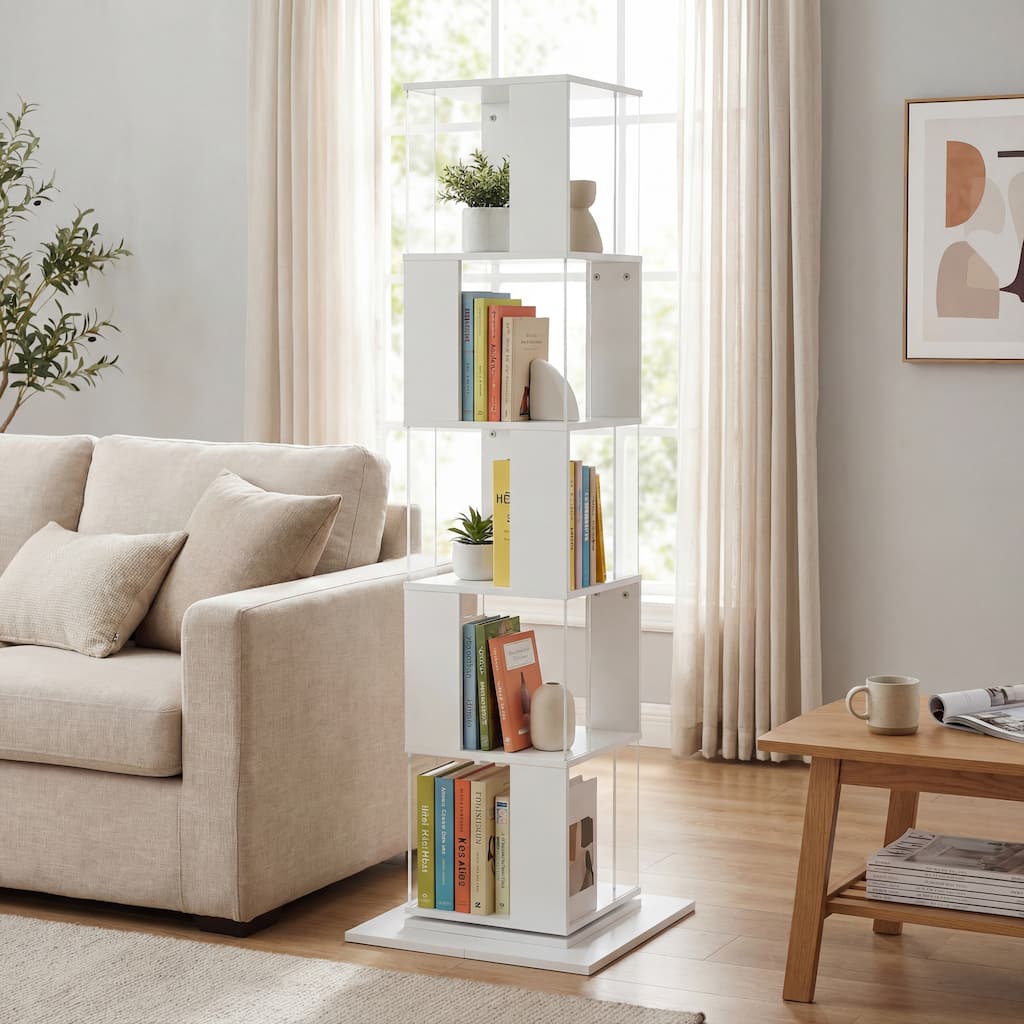 Anmytek Modern 360° Rotating Bookshelf 5-Tier Tall Display Shelf with Acrylic Plate for Home Office Living Room Bedroom
