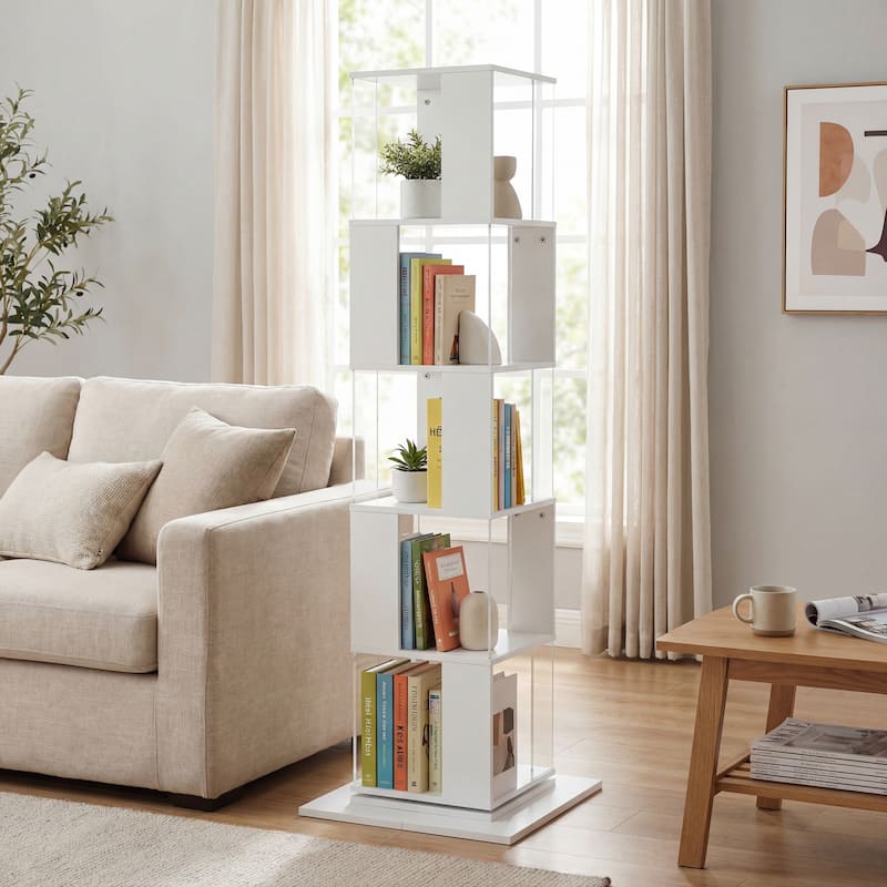 Anmytek Modern 360° Rotating Bookshelf 5-Tier Tall Display Shelf with Acrylic Plate for Home Office Living Room Bedroom - White