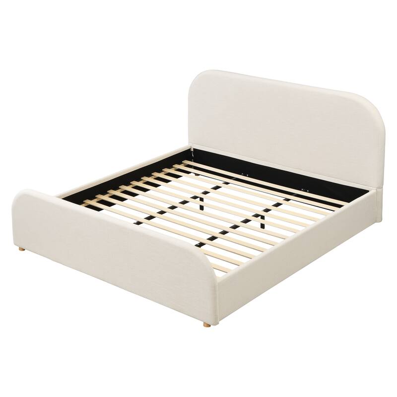 King/Queen/Twin Bed Frame with Linen Curved Headboard & Solid Wood Legs