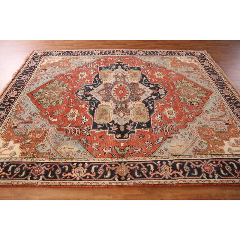 Orange Medallion Heriz Serapi Indian Area Rug Hand-Knotted Wool Carpet - 7'11" x 9'11"